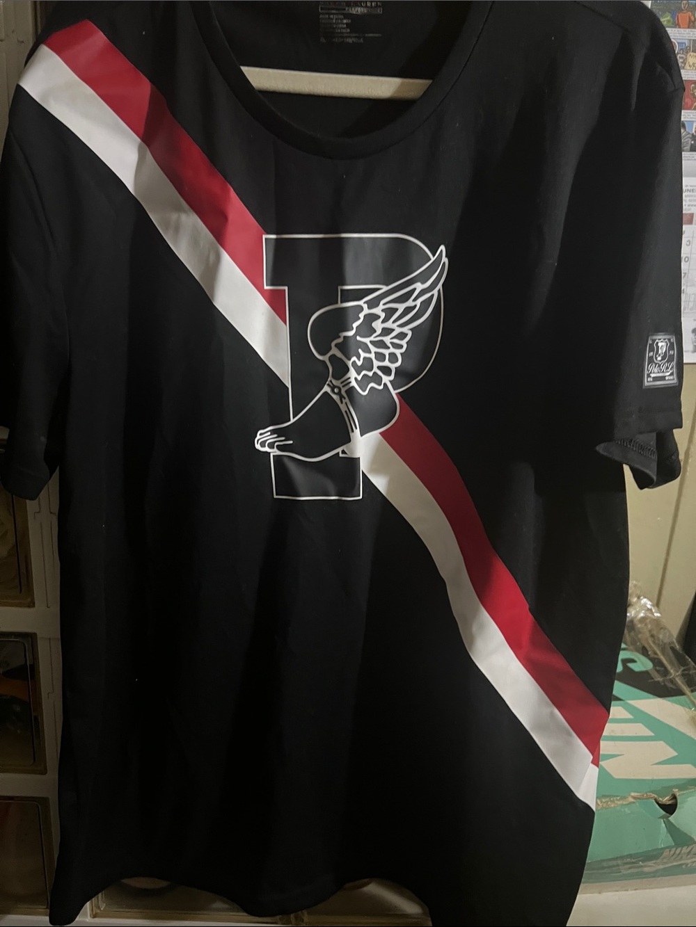 Ralph Lauren Black Tee with Red and White Diagonal Stripe and Winged 'P' Graphic